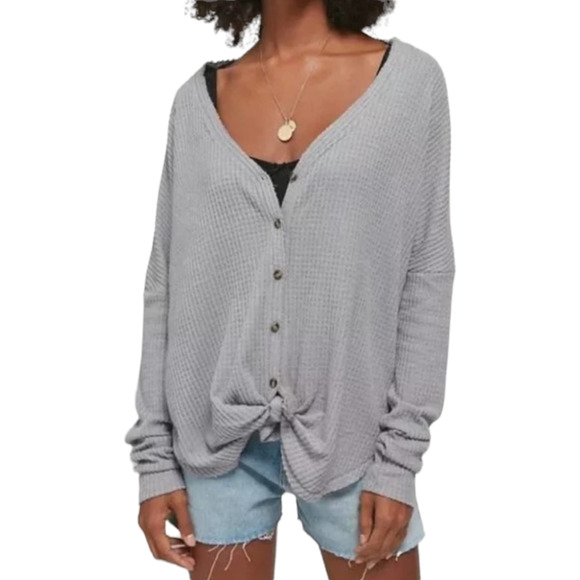 Urban Outfitters Out From Under Jojo Oversized Thermal Button-Front Top Gray - Picture 1 of 10